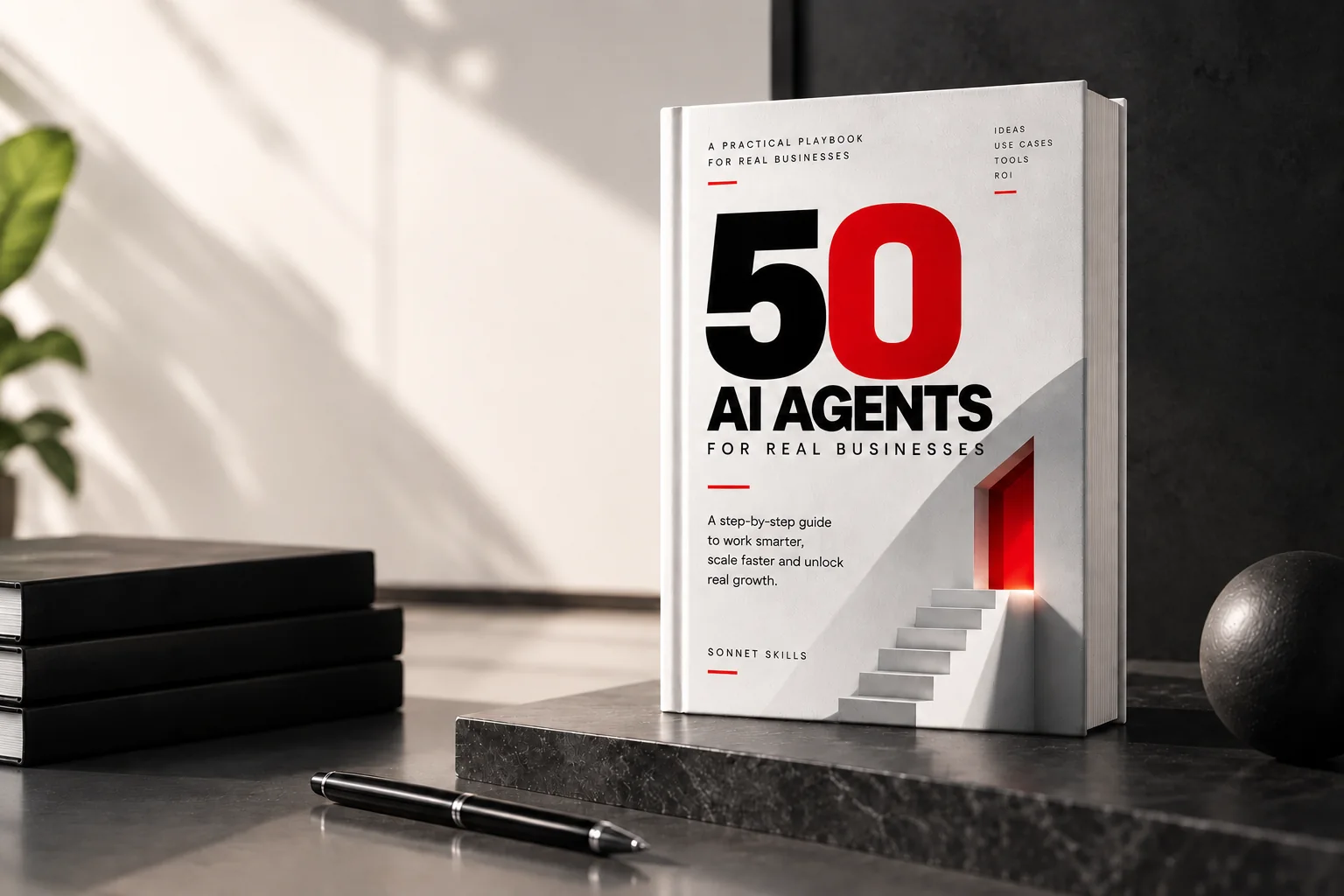 50 AI Agents for Real Businesses hardcover on a marble stand